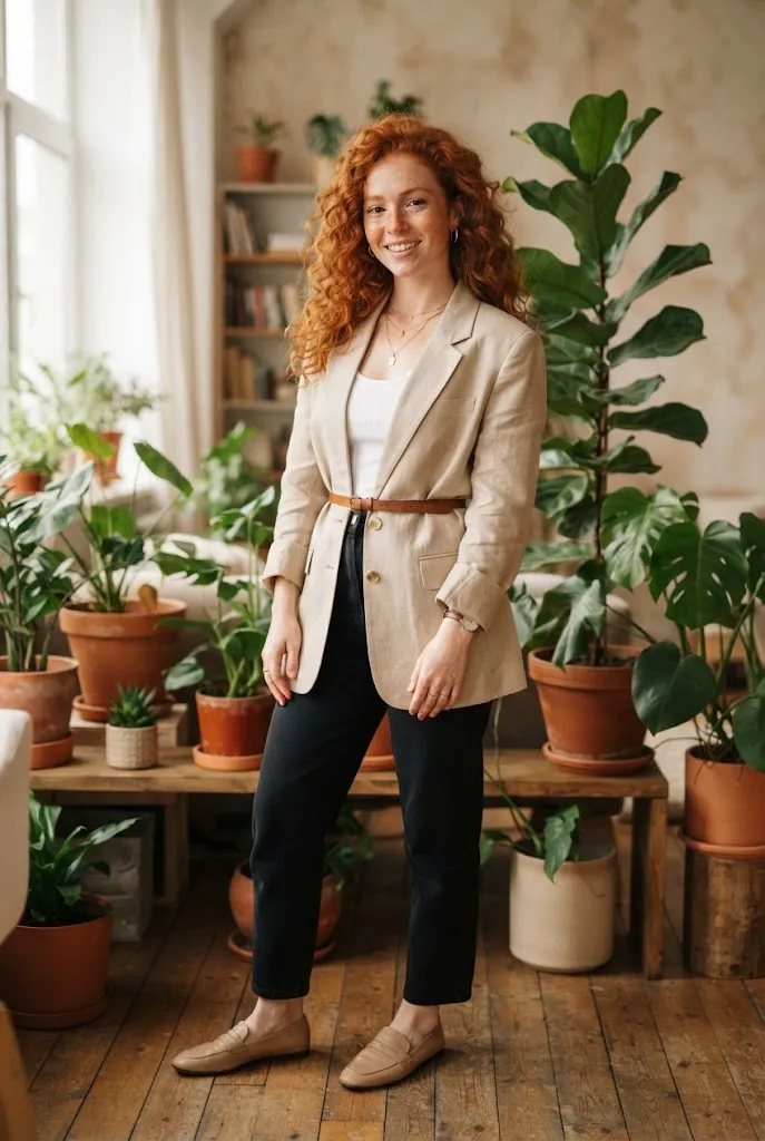 Beige oversized blazer cinched with a belt for a defined waist