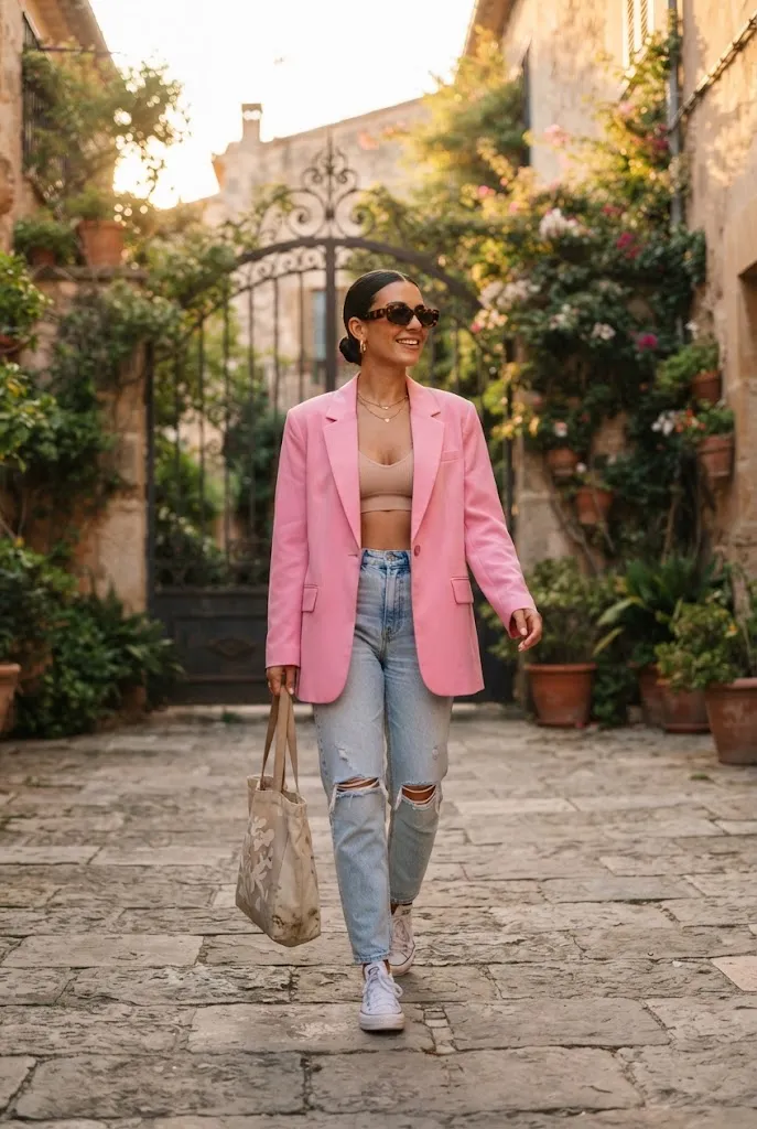 Pink oversized blazer styled over a bralette with mom jeans for a chic outfit