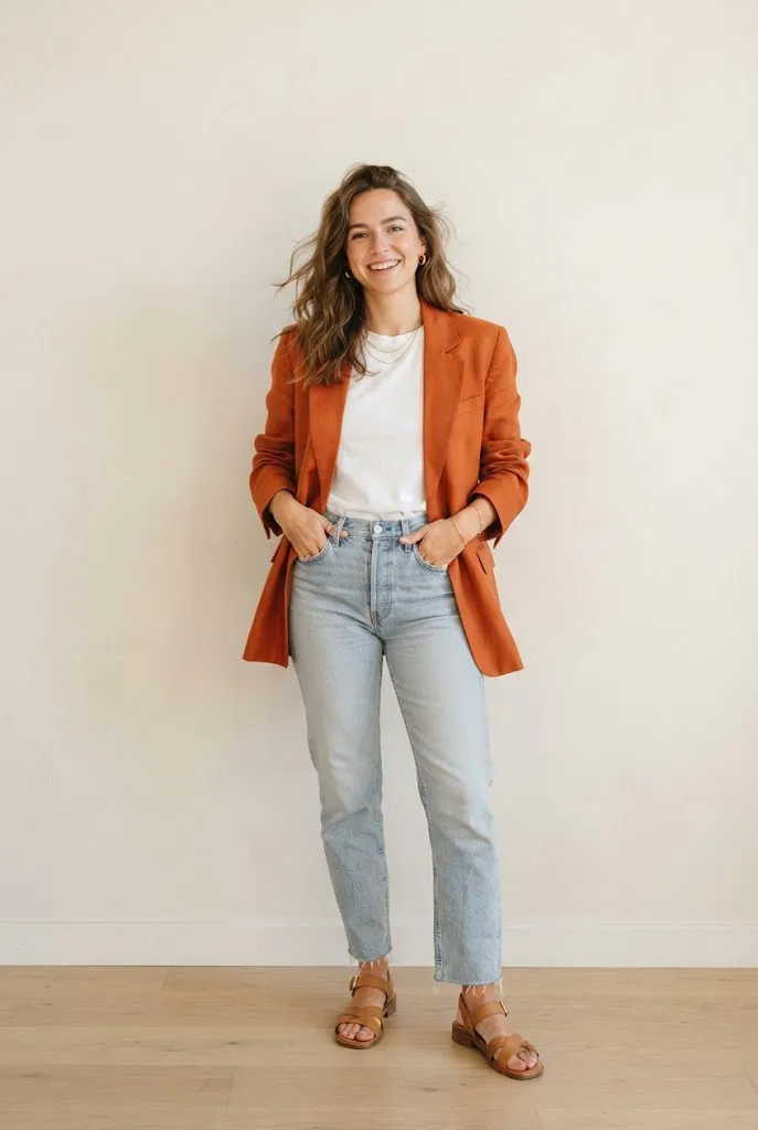 Rust colored oversized blazer paired with neutral jeans and sandals
