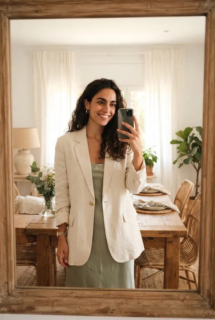 Cream oversized blazer paired with a slip dress in a modern home setting