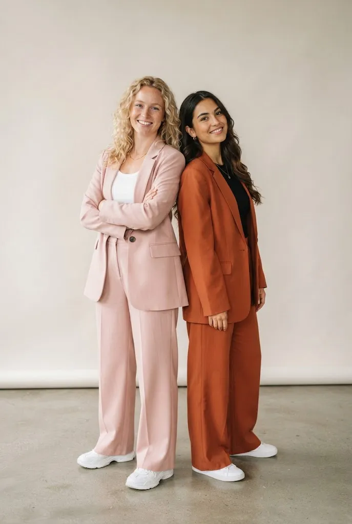 Two women wearing matching oversized blazer sets in different colorways