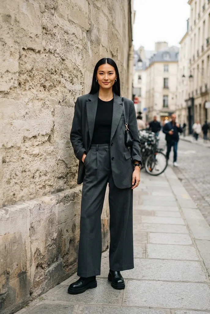 Woman in her 20s wearing a monochrome oversized blazer outfit with wide leg trousers and boots