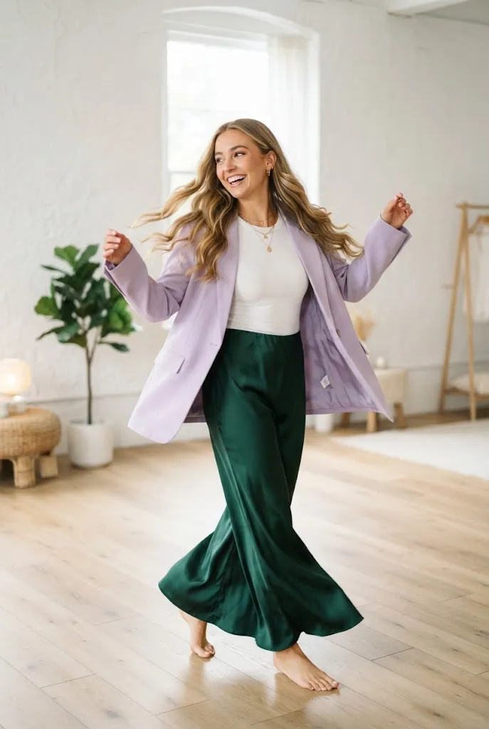 Lilac oversized blazer paired with bold emerald green trousers