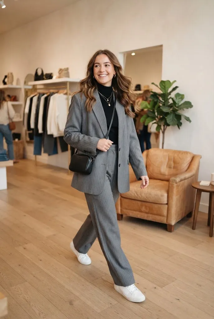 Woman styling a pinstripe oversized blazer over a turtleneck for a polished outfit