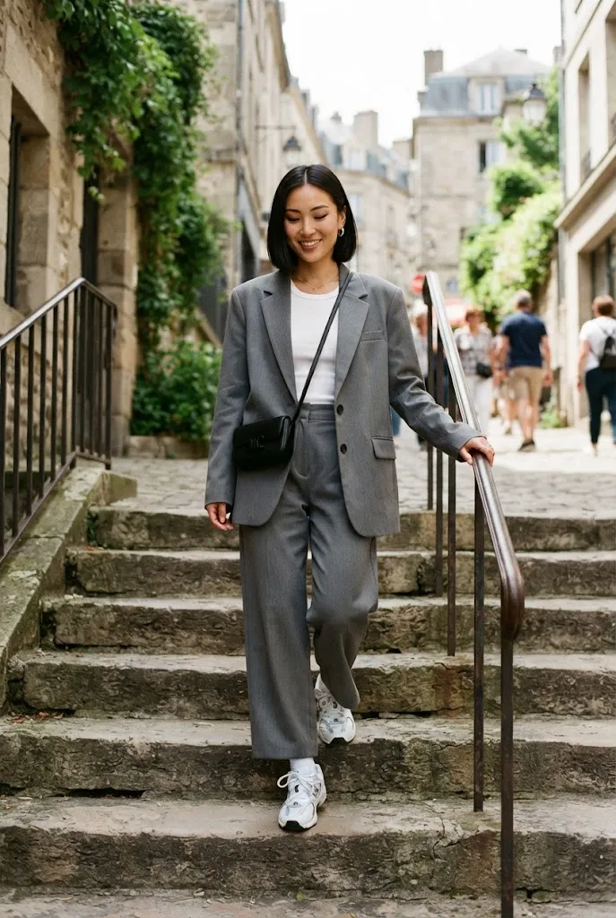 Oversized blazer outfit styled with chunky white sneakers