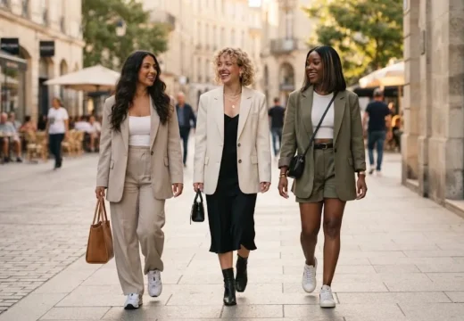 Group of women over 30 wearing stylish oversized blazer outfits on a city street