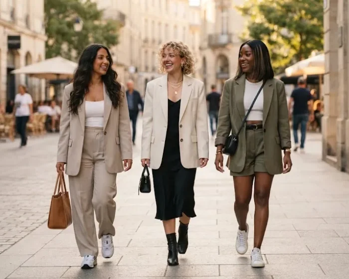 Group of women over 30 wearing stylish oversized blazer outfits on a city street