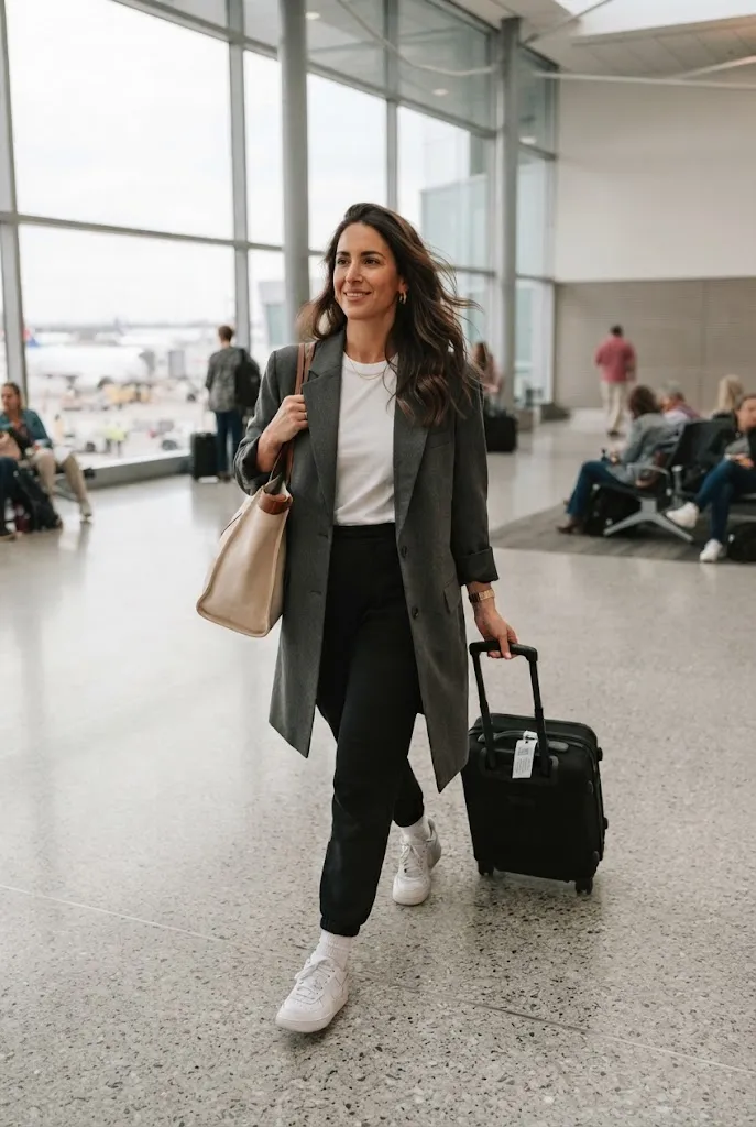 Woman over 30 wearing oversized blazer as a robe coat over joggers for travel