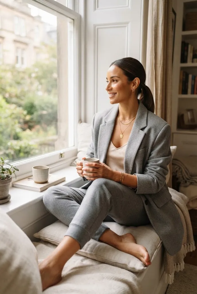 Woman over 30 wearing satin cami and oversized blazer with tailored joggers