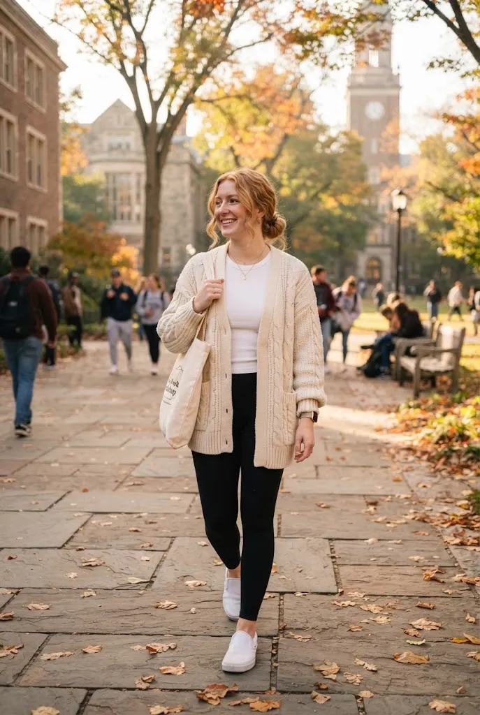 20 year old college student wearing an oversized cardigan and leggings first day of college outfit