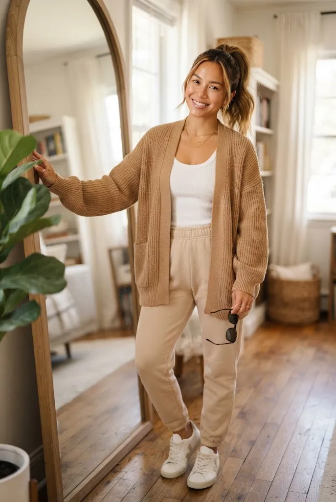Oversized cardigan and joggers airport outfit idea for women