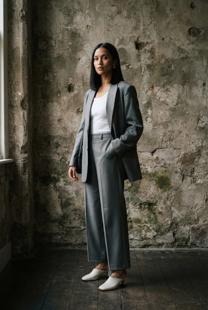 Woman over 30 wearing oversized grey matching suit with bare ankle mules