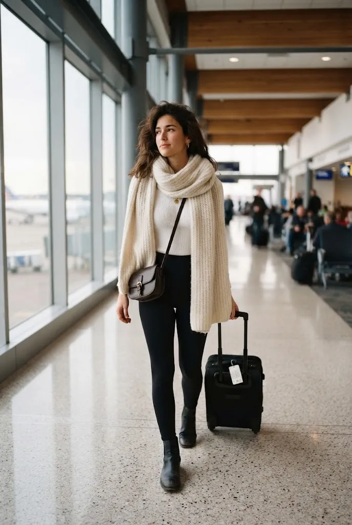 Oversized neutral scarf styled as a cozy long flight travel accessory