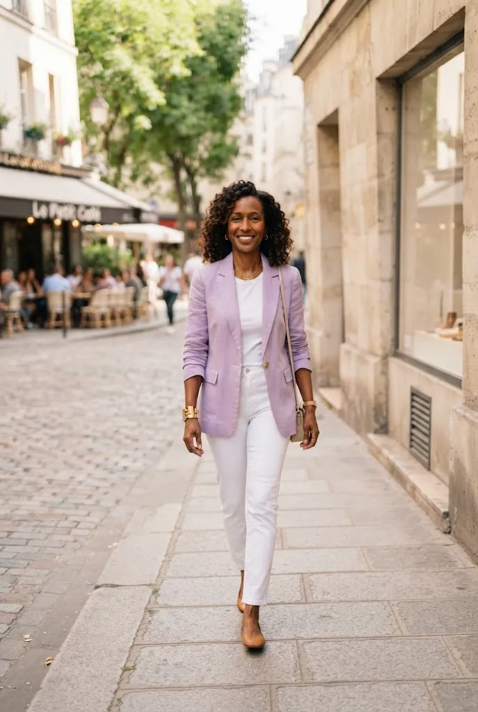 Woman over 50 in pastel blazer and white jeans spring business casual outfit