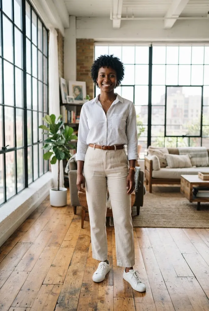 Petite outfit idea choosing thin vertical stripes over wide horizontal ones