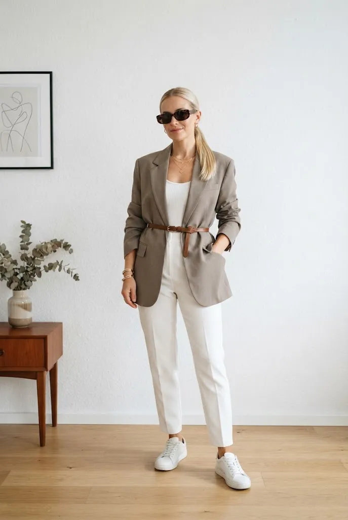 Petite outfit idea using a thin belt to shape a blazer at the waist