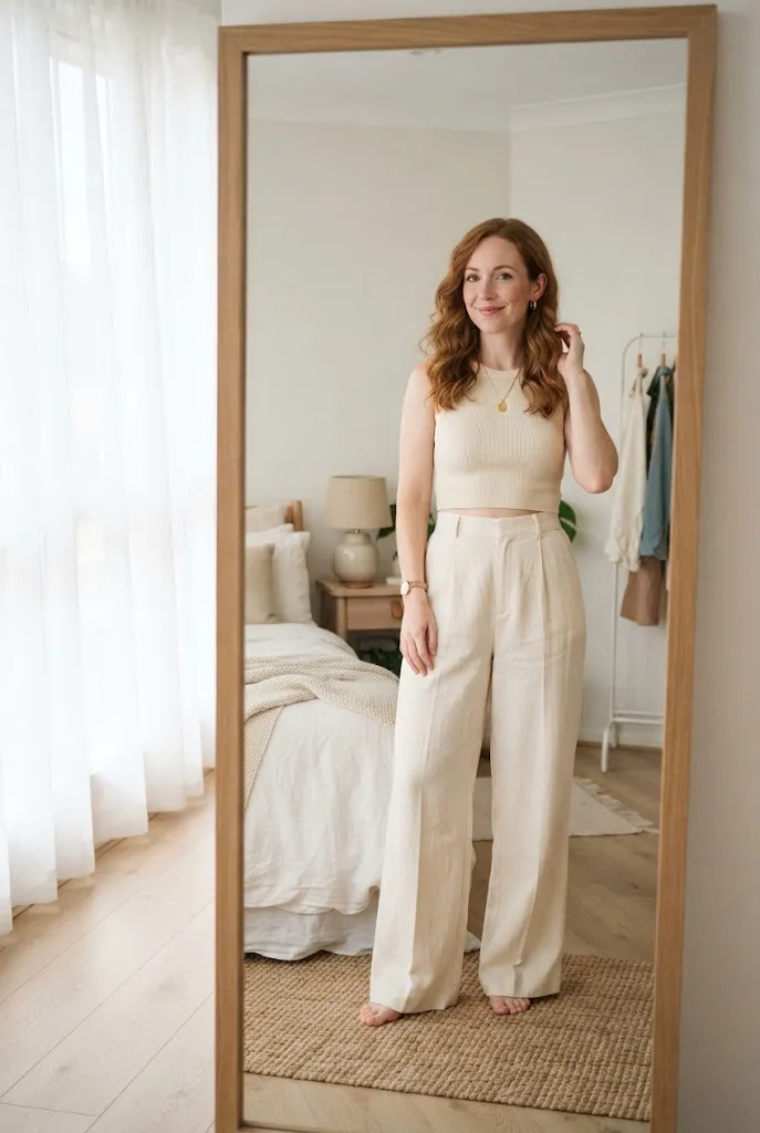 Petite outfit idea pairing a cropped top with high-waisted wide-leg trousers