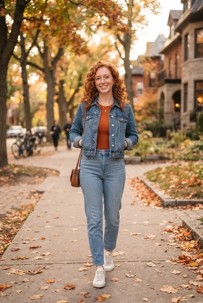 Petite outfit idea showing a cropped jacket ending at the natural waist