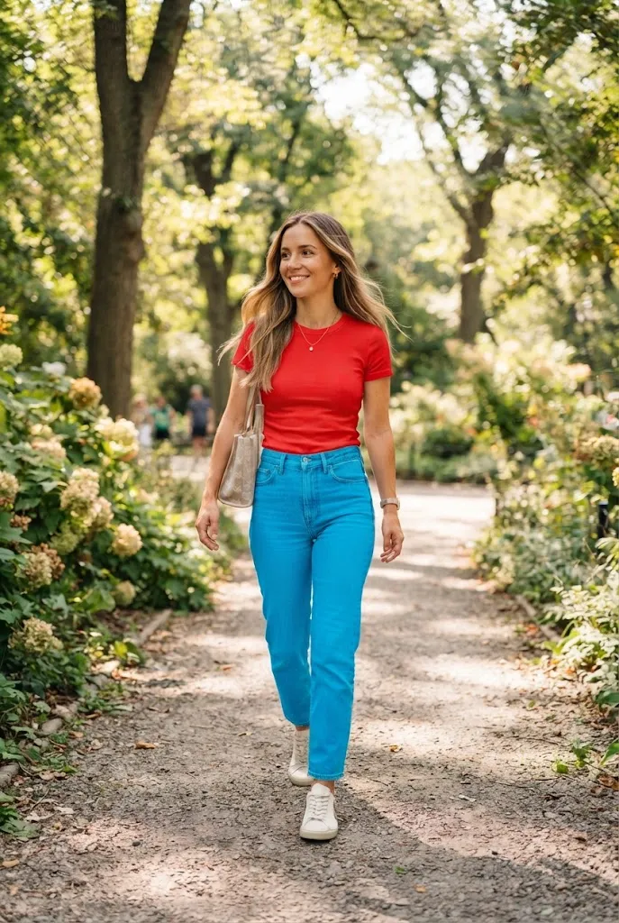 Petite outfit idea pairing high-rise jeans with a fitted tucked top