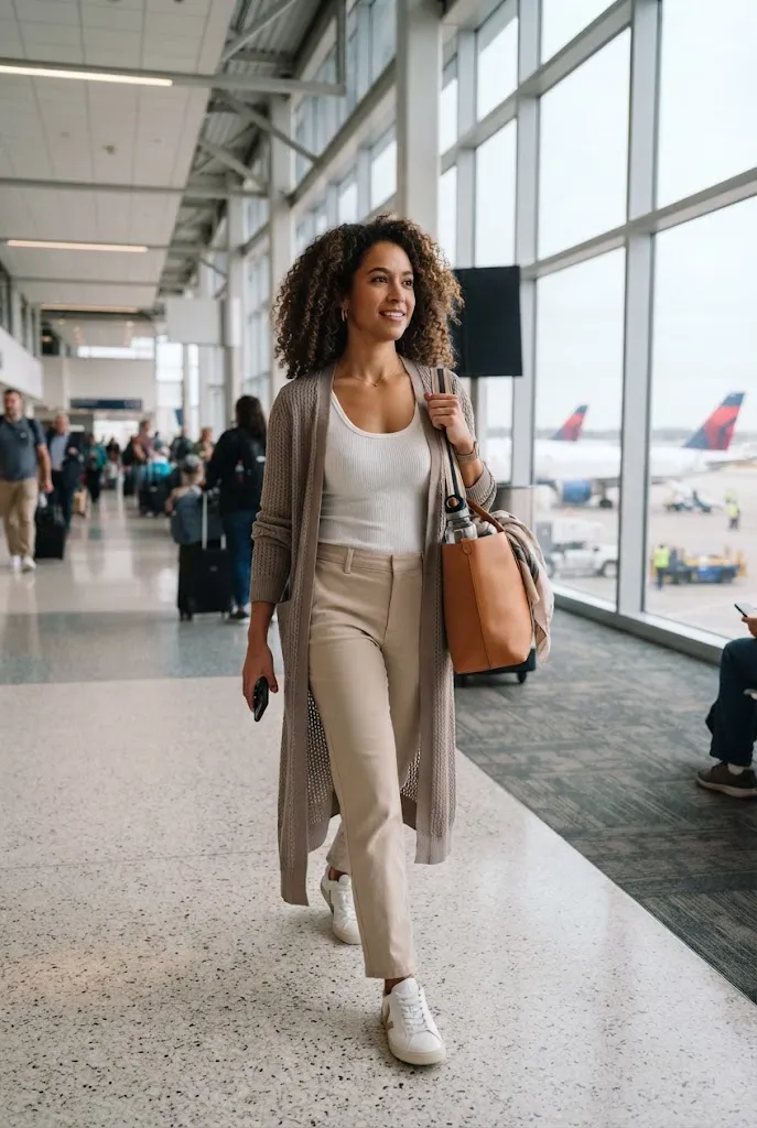 Petite outfit idea layering a long duster cardigan over a slim base