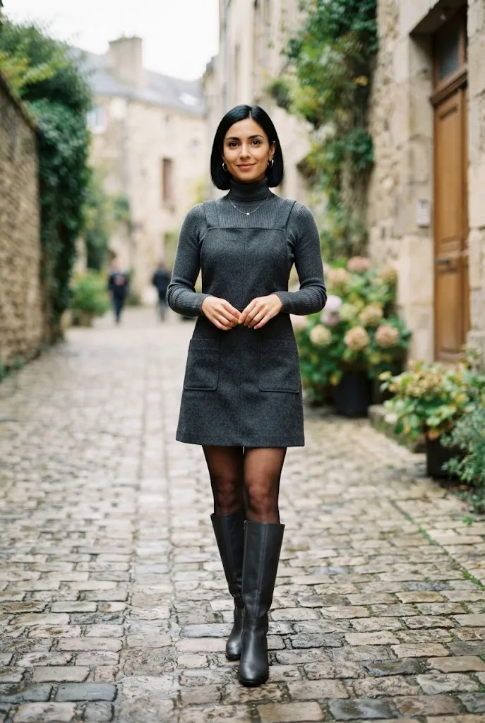 Petite outfit idea showing a monochrome charcoal look from top to boots