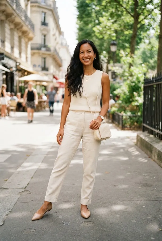 Petite outfit idea comparing pointed toe shoes for a longer leg line