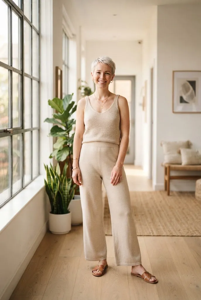 Petite outfit idea using a tonal beige knit top and pant set