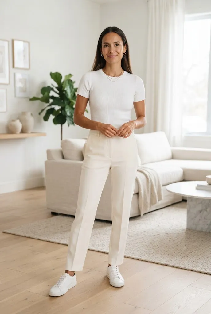Petite outfit idea highlighting vertical seam detail in tailored trousers