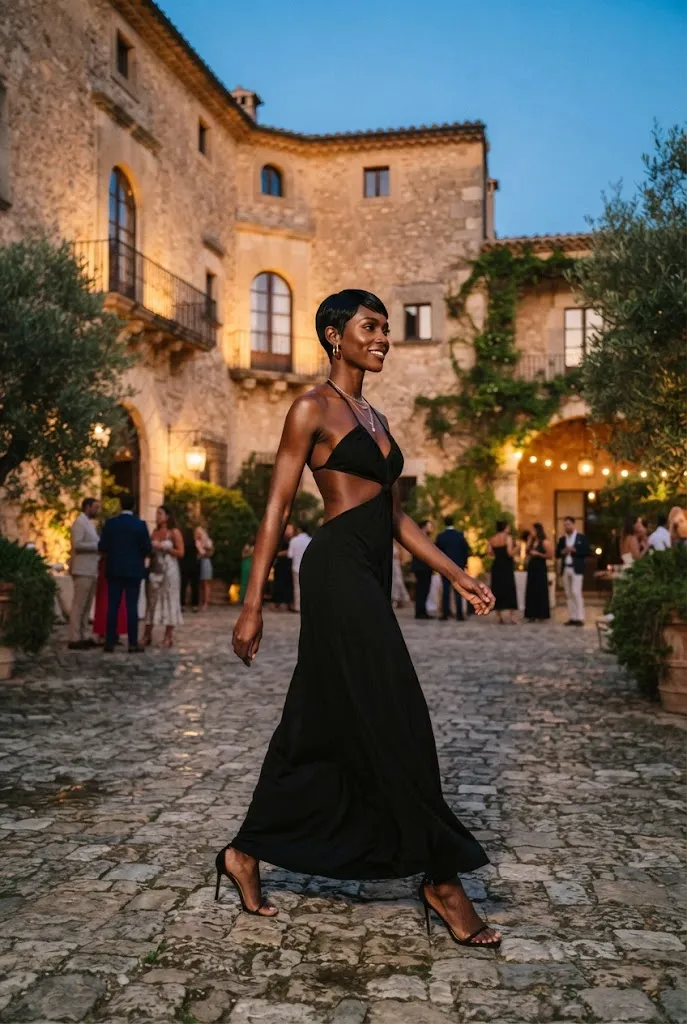 Petite woman in a black cutout halter gown walking through a courtyard