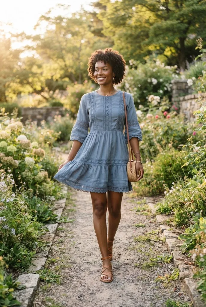 Petite woman in a blue lace hem mini dress for a wedding guest outfit