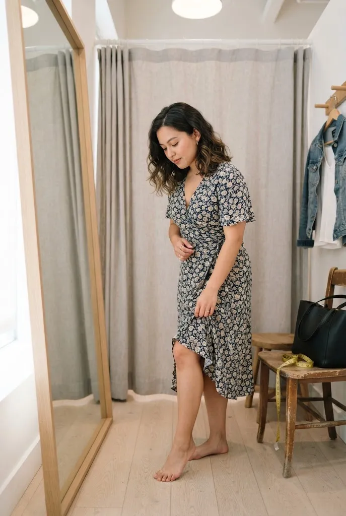 Petite woman checking wedding guest dress hem length in a fitting room mirror