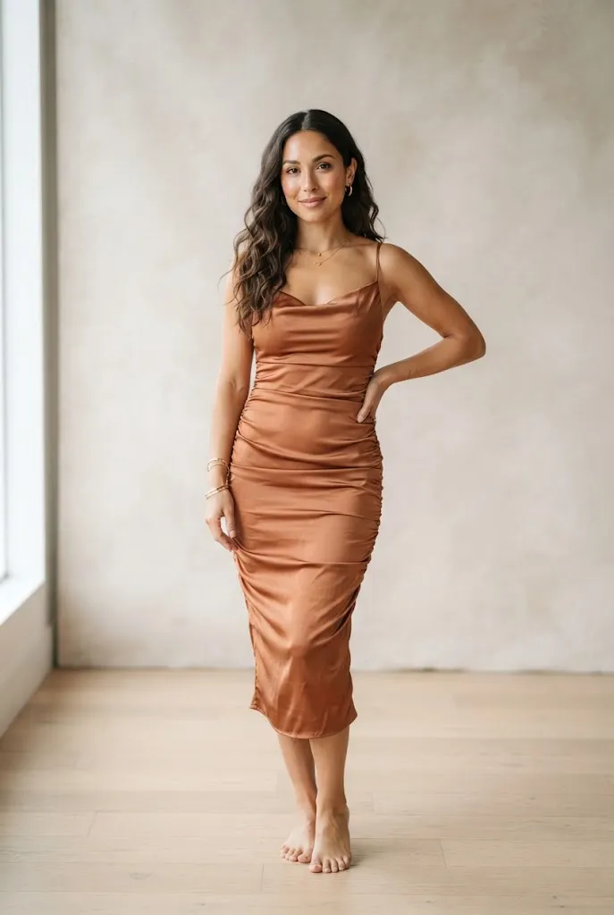 Petite woman in a copper ruched satin dress with a fitted natural waist