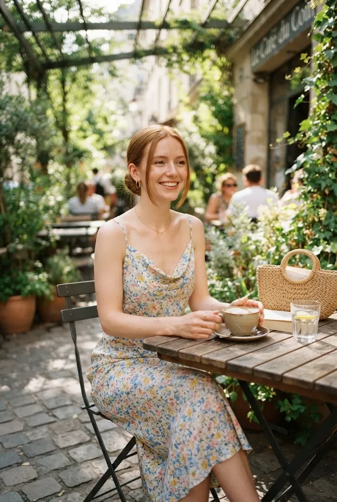 Petite woman in a floral cowl neck midi dress seated outdoors at a cafe