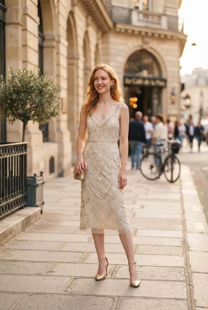 Petite woman wearing gold ankle strap heels with a beaded wedding guest dress