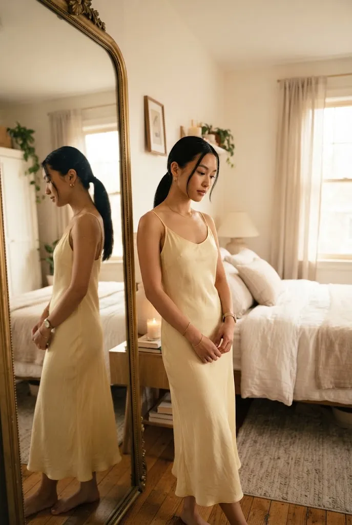 Petite woman in a pale yellow silk slip dress with a tailored hem