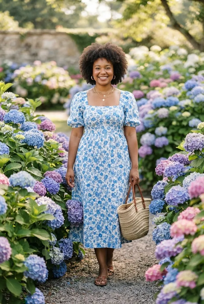 Petite woman in a blue puff sleeve floral midi dress among hydrangeas