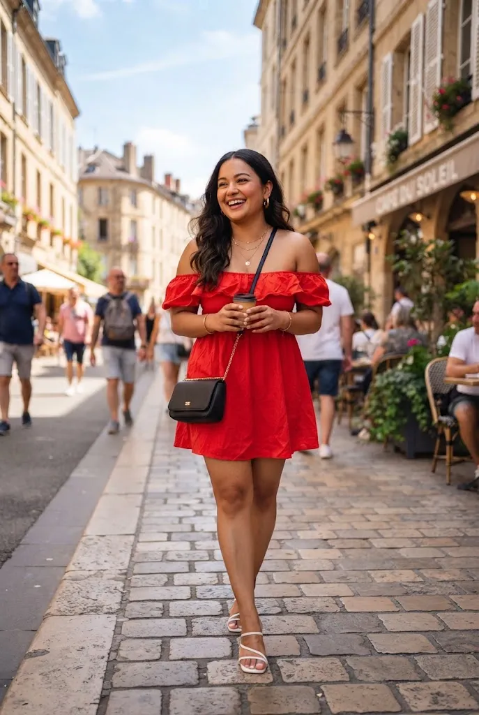 Petite woman in a red off shoulder mini dress on a city sidewalk