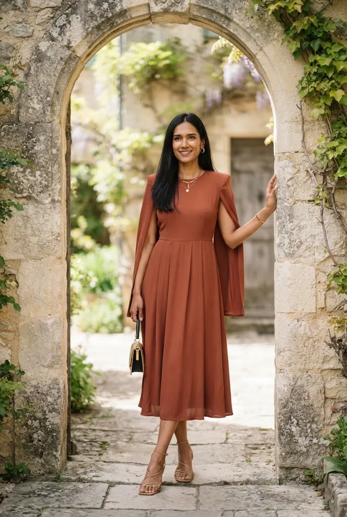 Petite woman in a rust cape sleeve dress standing near a stone archway