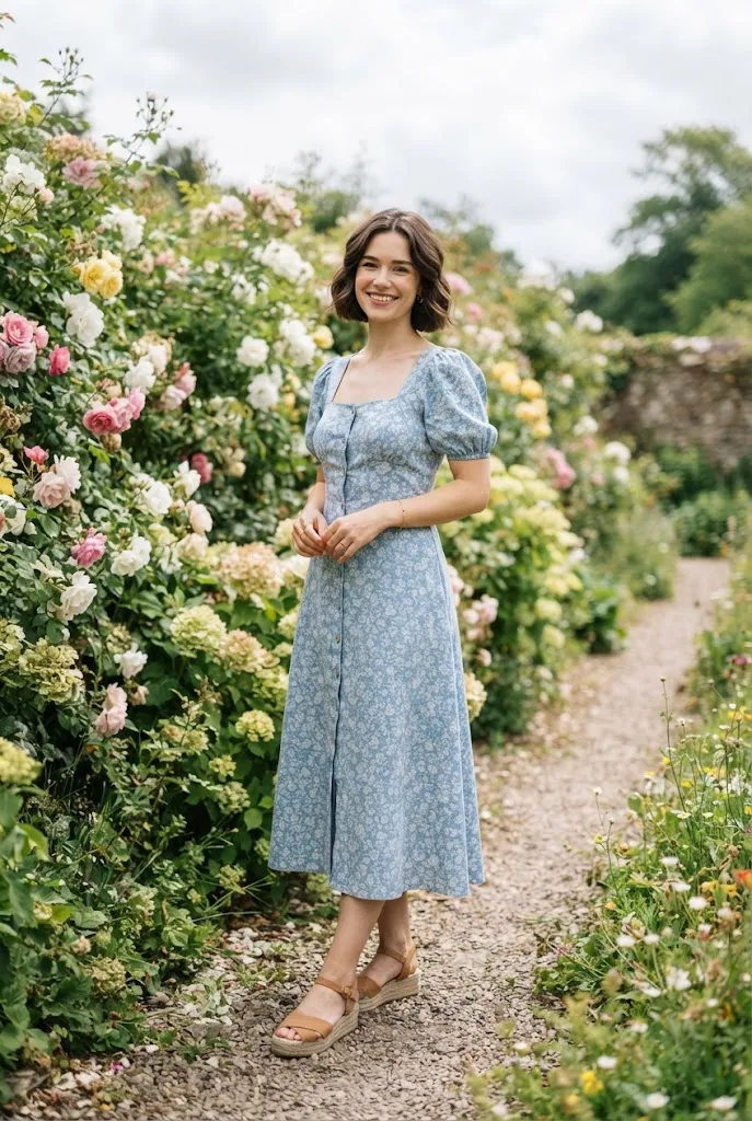 Petite woman in a soft blue midi dress standing beside a floral hedge
