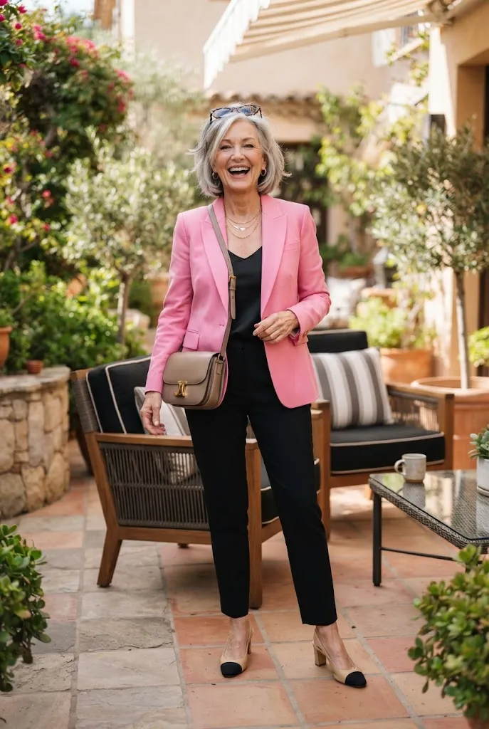 Woman over 50 in pink blazer with black outfit spring business casual look