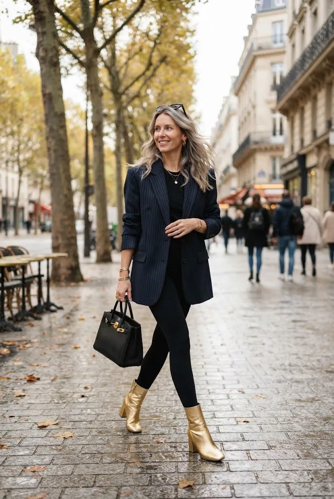 Woman over 30 wearing pinstripe oversized blazer with leggings and heels