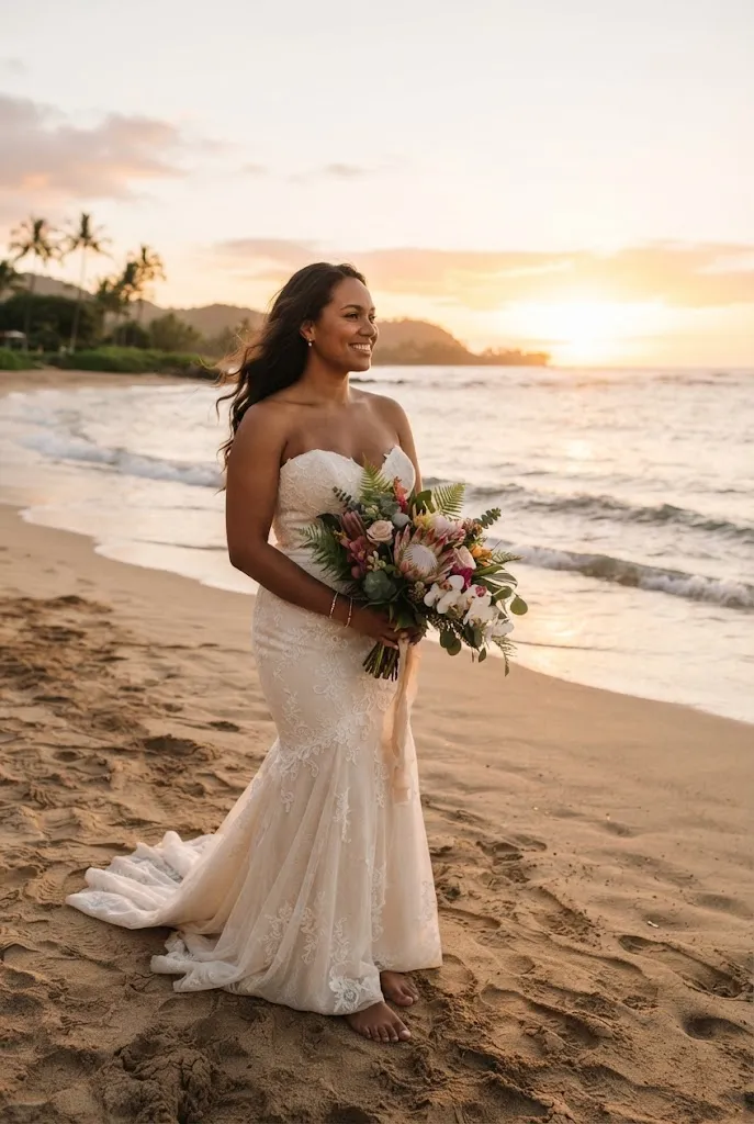Plus size bride in strapless mermaid wedding gown on beach at sunset