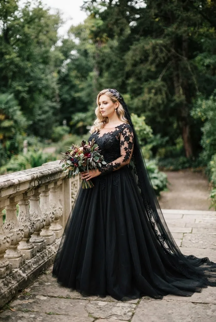 Plus size bride in black lace wedding ballgown with cathedral veil outdoors