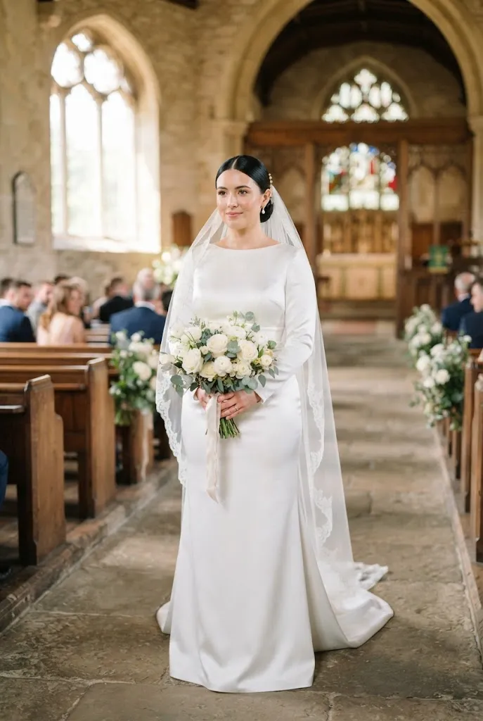 Plus size bride wearing fingertip veil with fitted satin wedding gown