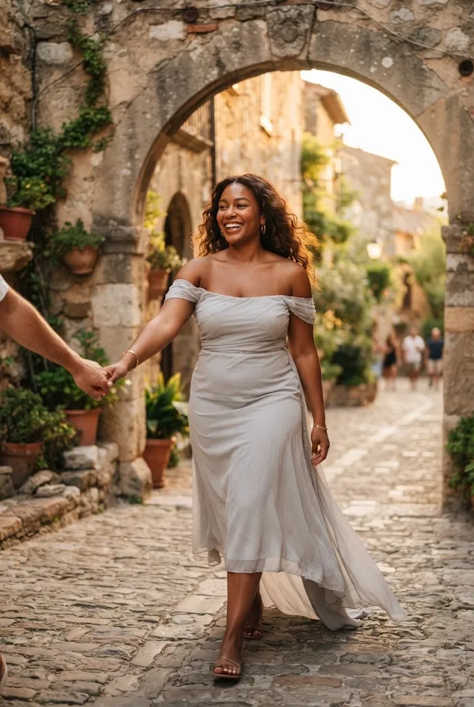 Plus size wedding guest in grey off-shoulder midi dress near stone archway