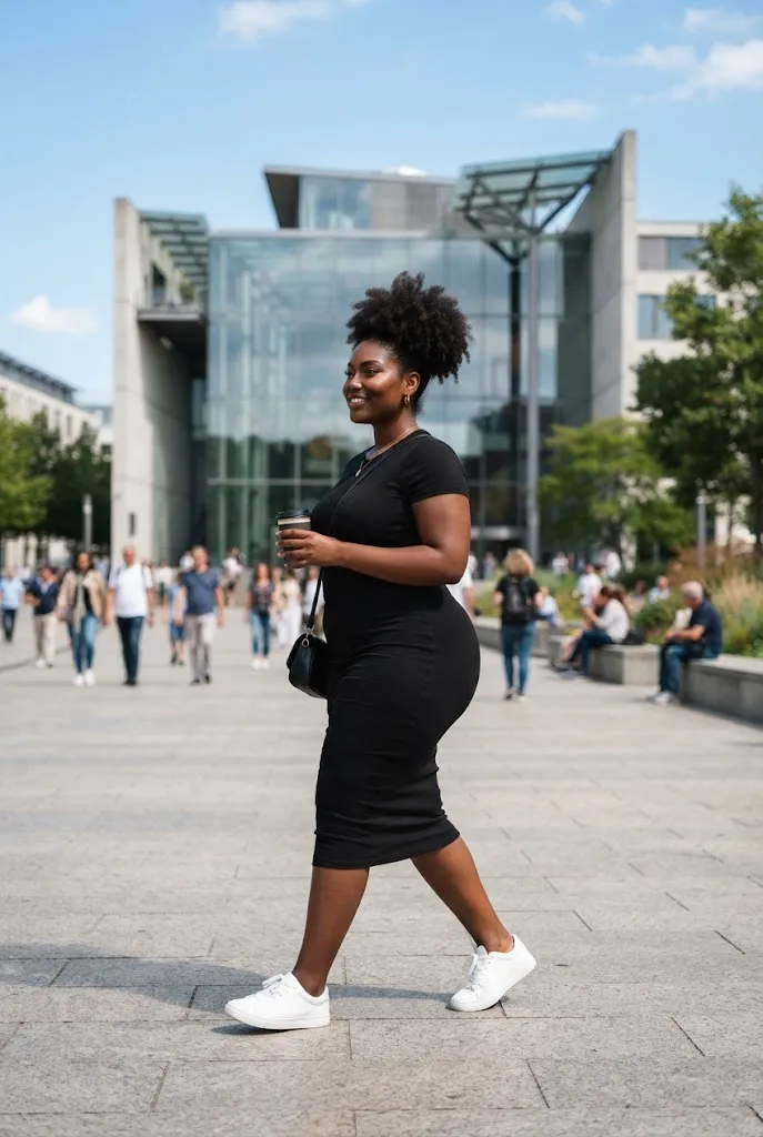 Plus size Afro-Latina outfit bodycon dress with white sneakers