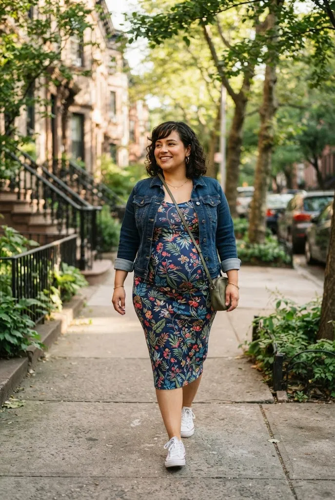 Plus size Latina outfit denim jacket layered over dress