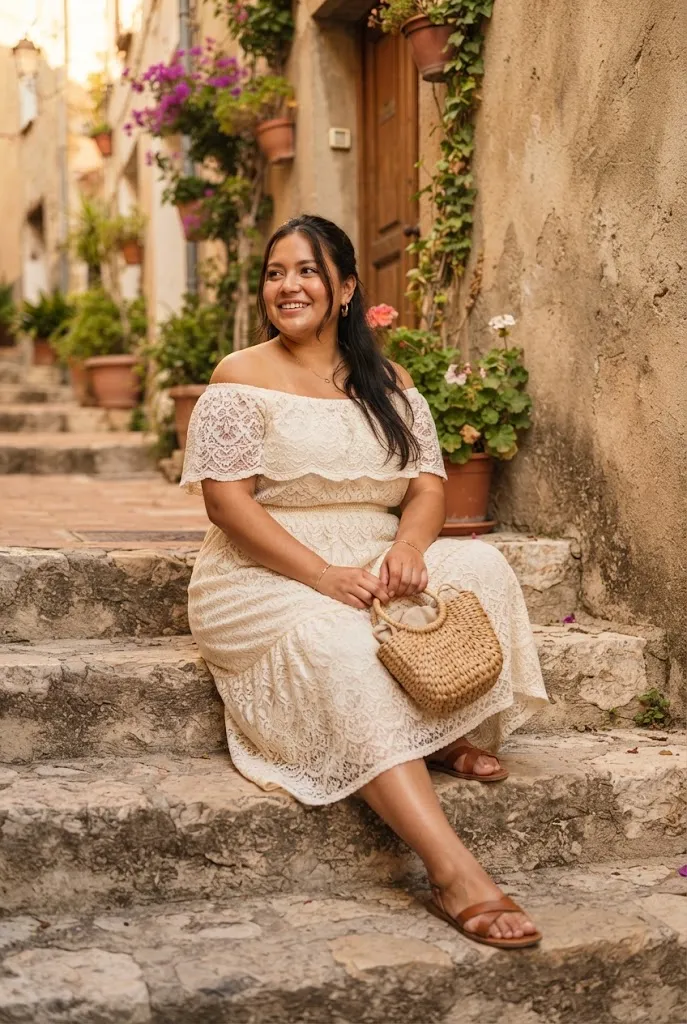 Plus size Latina outfit lace off shoulder cream sundress