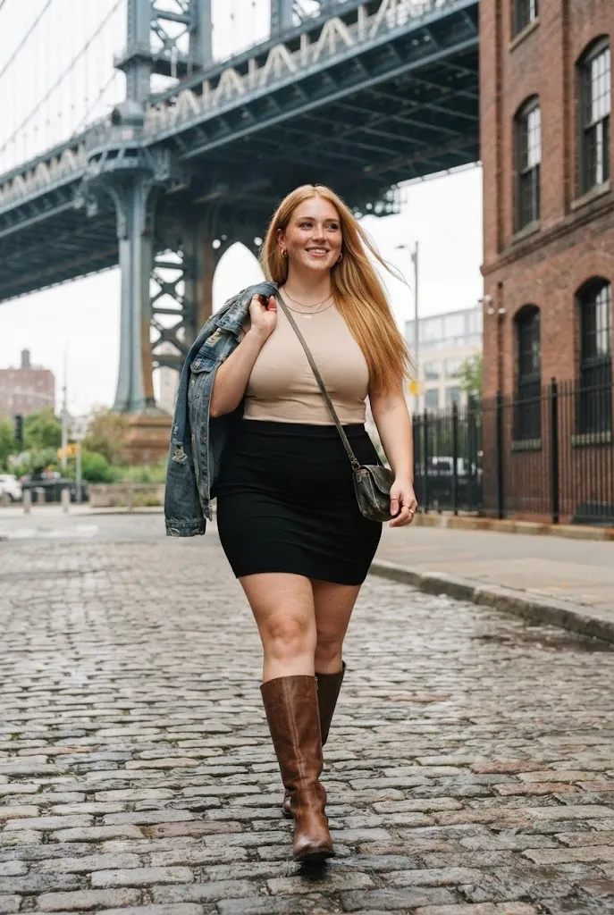 Plus size fair skinned Latina outfit mini skirt tall boots and denim jacket