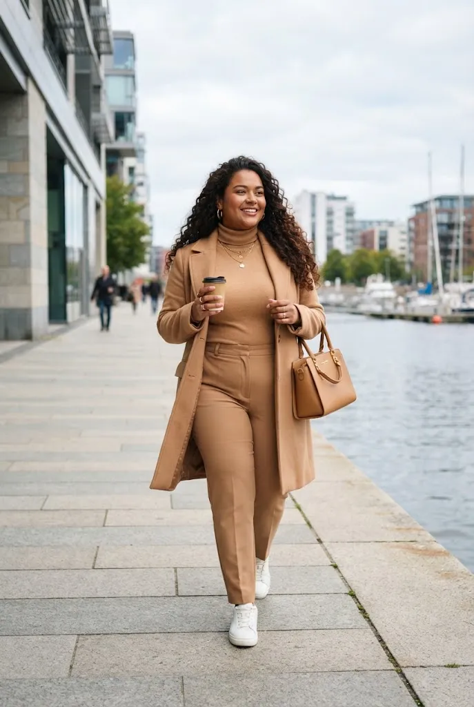 Plus size Latina outfit monochrome camel look with statement bag
